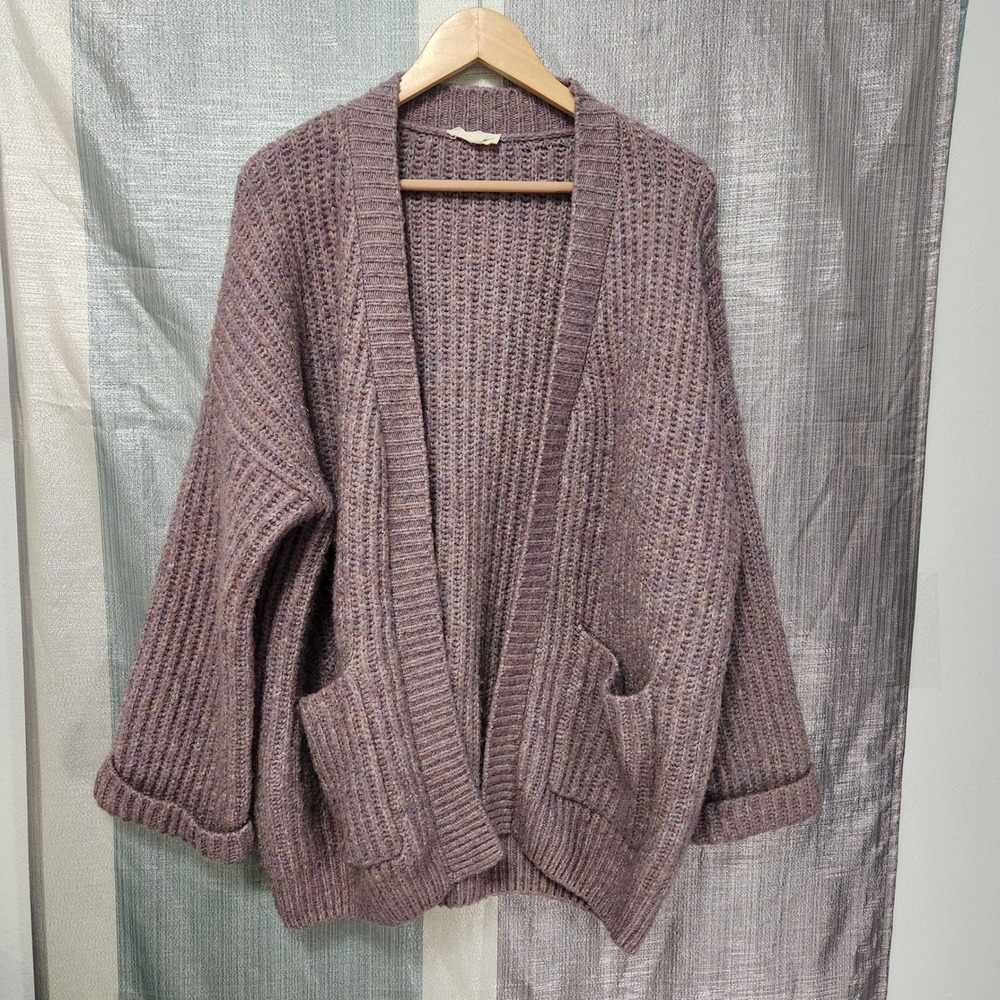 Purple Marl Ribbed Knit Open Front Cardigan Pockets Boho Cottagecore Fall Cozy